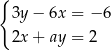 { 3y− 6x = − 6 2x+ ay = 2 