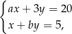 { ax + 3y = 20 x + by = 5, 