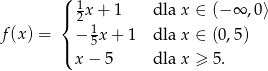  (| 1x + 1 dla x ∈ (− ∞ ,0⟩ { 2 f (x) = − 15x + 1 dla x ∈ (0,5) |( x− 5 dla x ≥ 5 . 