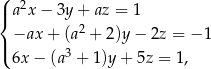 ( |{ a2x − 3y + az = 1 −ax + (a2 + 2)y − 2z = − 1 |( 6x − (a3 + 1)y + 5z = 1, 